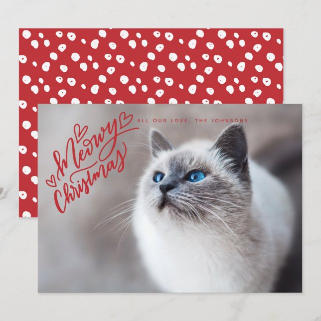 Meowy Christmas Red Hand Lettering Cat Full Photo Holiday Card (Front/Back)