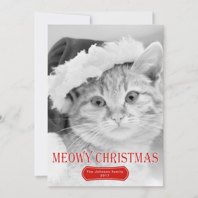 Meowy Christmas red kitten pet Christmas photo Holiday Card (Front)