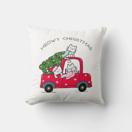 Meowy Christmas Red Truck Cats Holiday Cushion