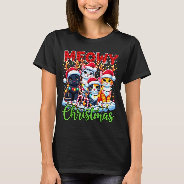 Meowy Christmas Reindeer Xmas Lights Santa Cat  T-Shirt (Front)