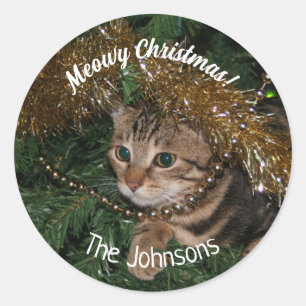 Meowy Christmas Round Cat Holiday Sticker
