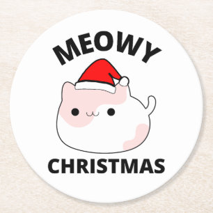 Meowy Christmas Round Paper Coaster