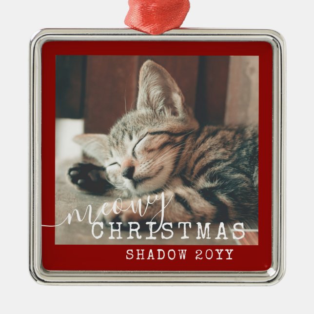 Meowy Christmas Rustic Red Silver Metal Tree Decoration (Front)