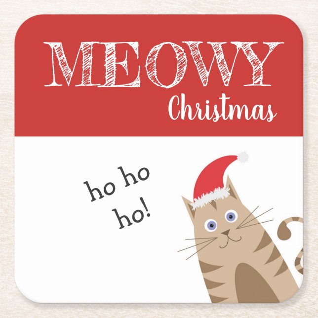 Meowy Christmas santa cat funny kitty Square Paper Coaster (Front)