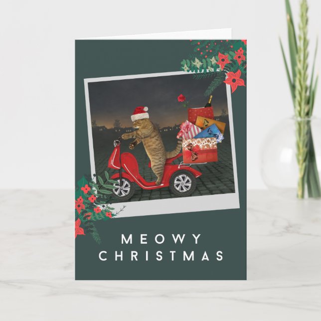 Meowy Christmas - Santa Cat On Scooter With Gifts Holiday Card (Front)