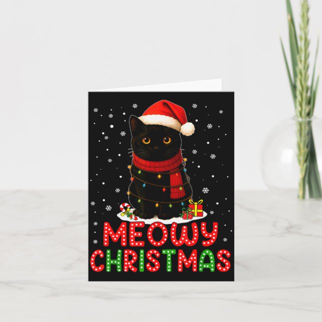 Meowy Christmas Santa Hat Funny Black Cat Men Wome Card (Front)