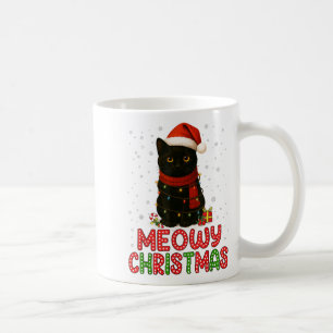 Meowy Christmas Santa Hat Funny Black Cat Men Wome Coffee Mug