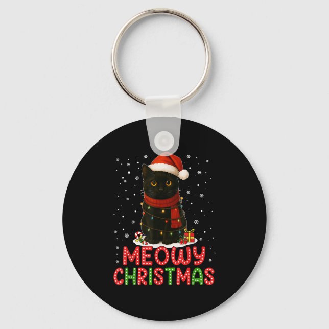Meowy Christmas Santa Hat Funny Black Cat Men Wome Key Ring (Front)