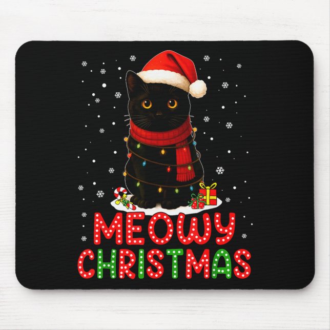 Meowy Christmas Santa Hat Funny Black Cat Men Wome Mouse Mat (Front)