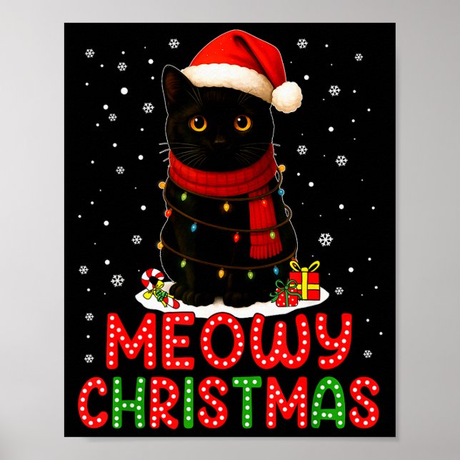 Meowy Christmas Santa Hat Funny Black Cat Men Wome Poster (Front)