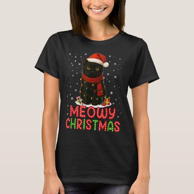 Meowy Christmas Santa Hat Funny Black Cat Men Wome T-Shirt (Front)