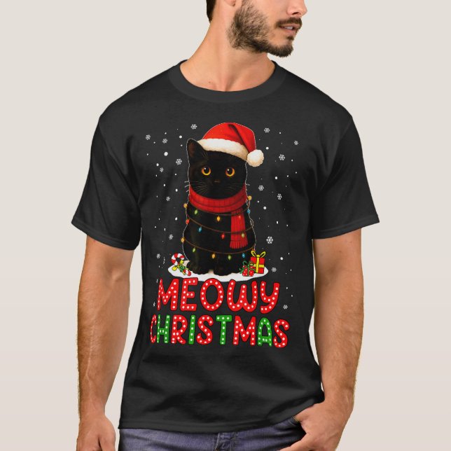 Meowy Christmas Santa Hat Funny Black Cat Men Wome T-Shirt (Front)