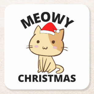 Meowy Christmas Square Paper Coaster