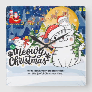 Meowy Christmas Square Wall Clock