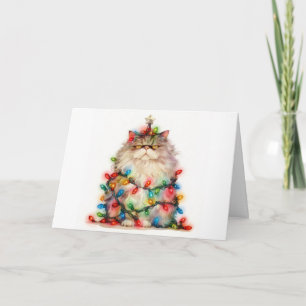 Meowy Christmas Tangled Cat Lights Greeting Card 