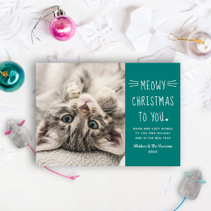 Meowy Christmas Teal Green Funny Cat Photo Holiday Card