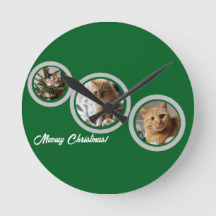 Meowy Christmas Three Cats Photos Customize Round Clock