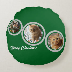 Meowy Christmas Three Cats Photos Customize  Round Cushion