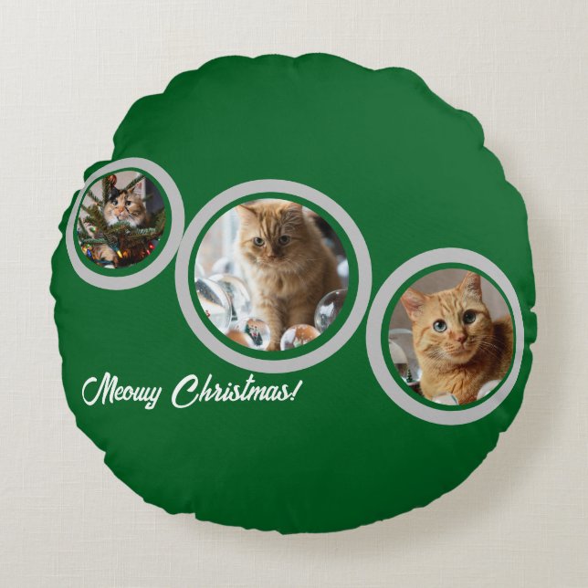 Meowy Christmas Three Cats Photos Customize  Round Cushion (Front)