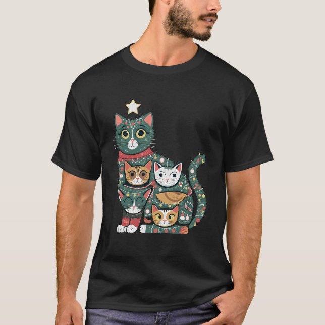 Meowy Christmas Tree: Festive Feline Fun T-Shirt (Front)