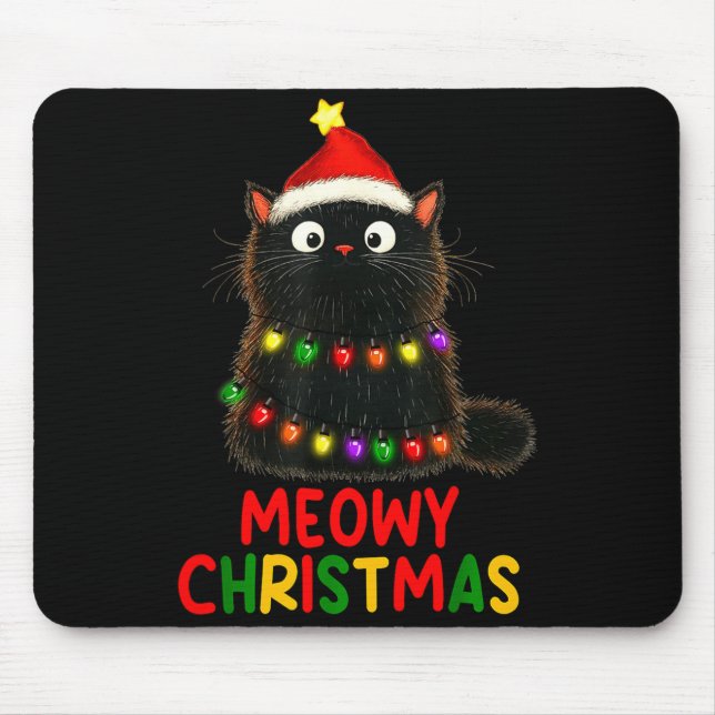 Meowy Christmas Tree Lights Black Cat Xmas Pajamas Mouse Mat (Front)