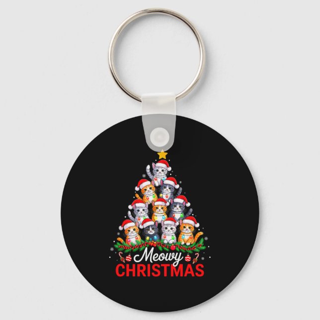 Meowy Christmas Tree Lights Cat Santa Xmas Family  Key Ring (Front)
