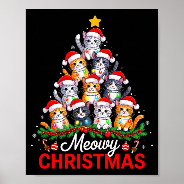 Meowy Christmas Tree Lights Cat Santa Xmas Family  Poster (Front)