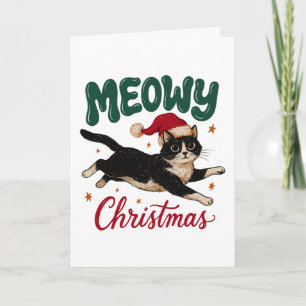 Meowy Christmas Tuxedo Cat Leaping Wearing Hat Card