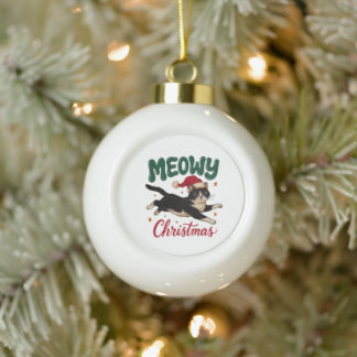 Meowy Christmas Tuxedo Cat Leaping Wearing Hat Ceramic Ball Christmas Ornament