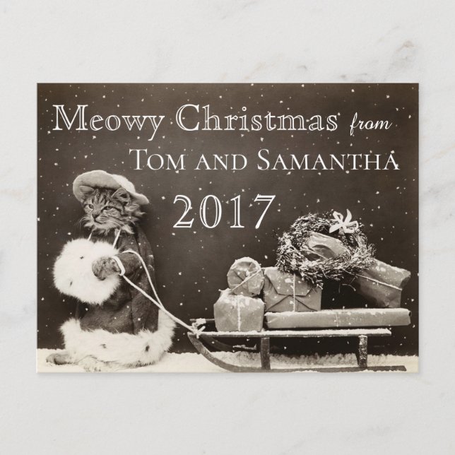 Meowy Christmas Vintage Cat Funny Christmas Holiday Postcard (Front)
