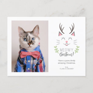Meowy Christmas Whimsical Cat with Antlers Photo Holiday Postcard