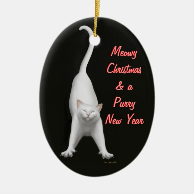 Meowy Christmas White Cat Customisable Ornament (Front)
