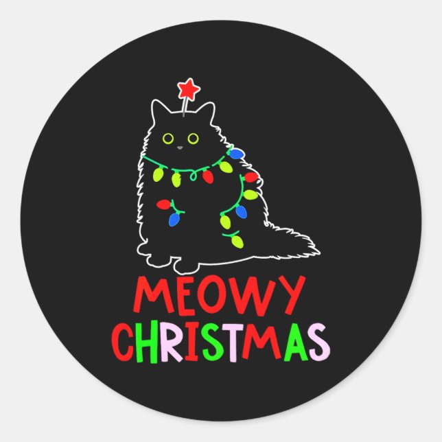 Meowy Christmas Xmas Lights Black Cat Pajamas  Classic Round Sticker (Front)