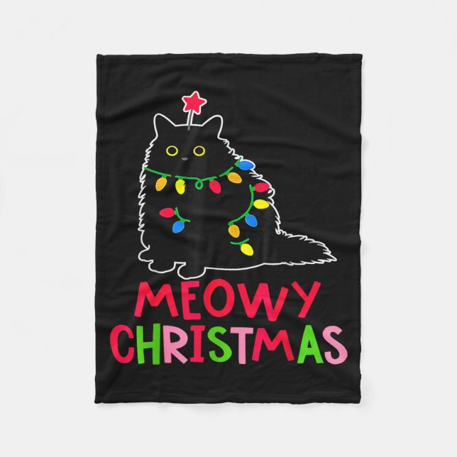 Meowy Christmas Xmas Lights Black Cat Pajamas Fami Fleece Blanket (Front)