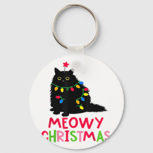Meowy Christmas Xmas Lights Black Cat Pajamas Fami Key Ring