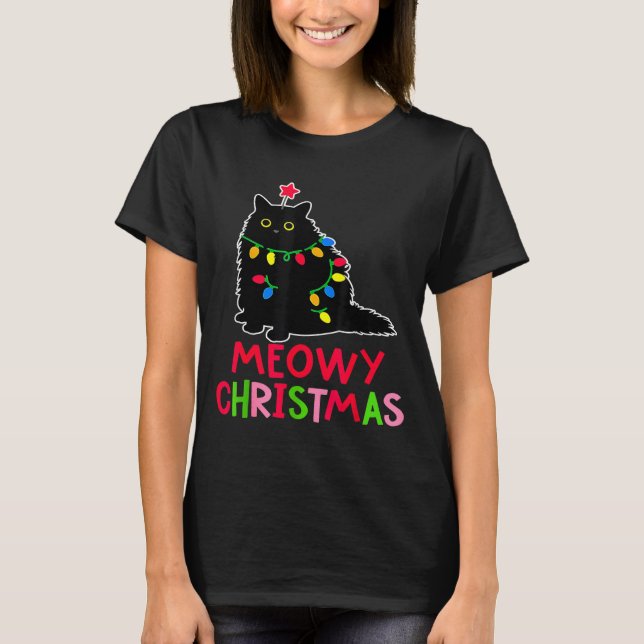 Meowy Christmas Xmas Lights Black Cat Pajamas Fami T-Shirt (Front)