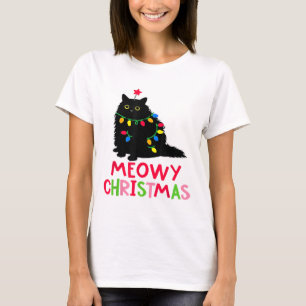 Meowy Christmas Xmas Lights Black Cat Pajamas Fami T-Shirt