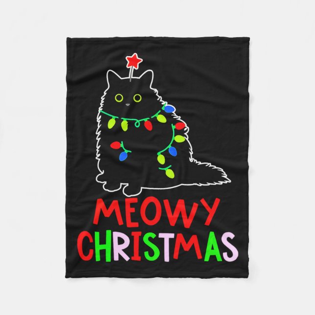 Meowy Christmas Xmas Lights Black Cat Pajamas  Fleece Blanket (Front)