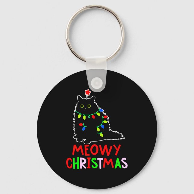 Meowy Christmas Xmas Lights Black Cat Pajamas  Key Ring (Front)