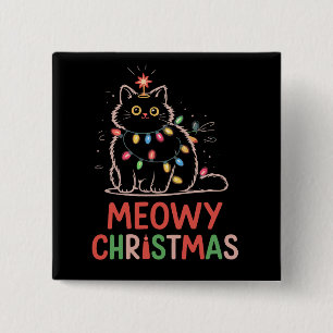 Meowy Christmas Xmas Lights Black Cat Pyjamas  15 Cm Square Badge
