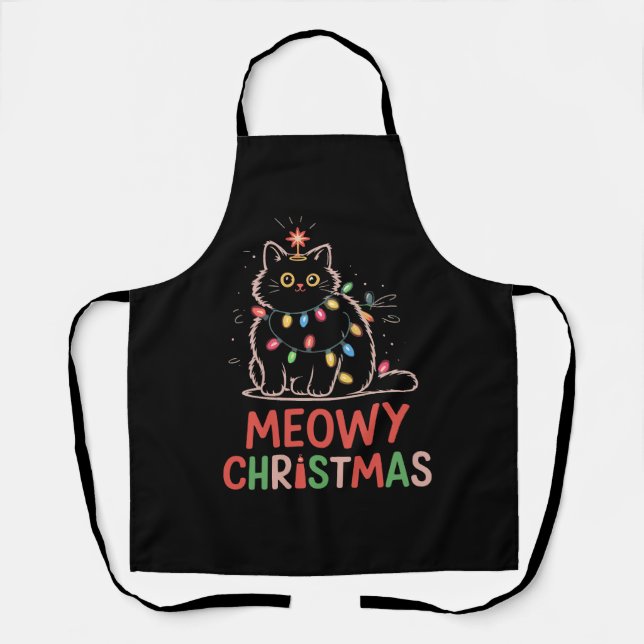 Meowy Christmas Xmas Lights Black Cat Pyjamas  Apron (Front)