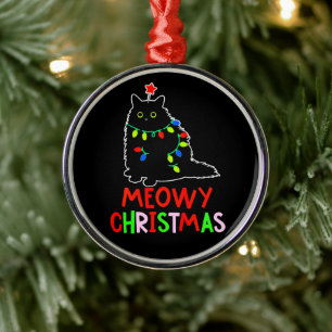 Meowy Christmas Xmas Lights Black Cat Pyjamas Metal Tree Decoration