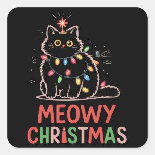 Meowy Christmas Xmas Lights Black Cat Pyjamas Square Sticker