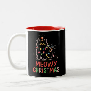 Meowy Christmas Xmas Lights Black Cat Pyjamas Two-Tone Coffee Mug