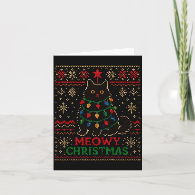 Meowy Christmas Xmas Lights Cat Ugly Sweater Pajam Card (Front)