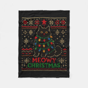 Meowy Christmas Xmas Lights Cat Ugly Sweater Pajam Fleece Blanket