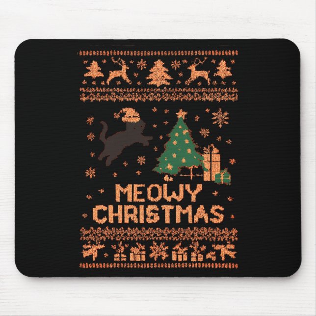 Meowy Christmas Xmas Tree Cat Ugly Sweater Pajamas Mouse Mat (Front)