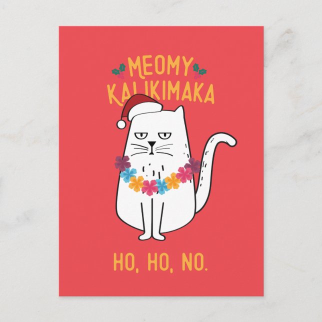 Meowy Kalikimaka Funny Cat Santa Hat Christmas Holiday Postcard (Front)