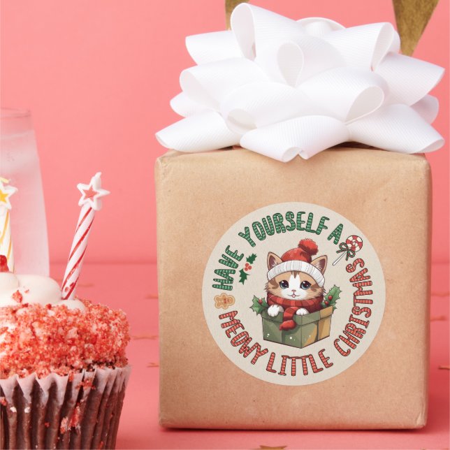 Meowy Little Christmas Kawaii Orange Cat Classic Round Sticker (Party)