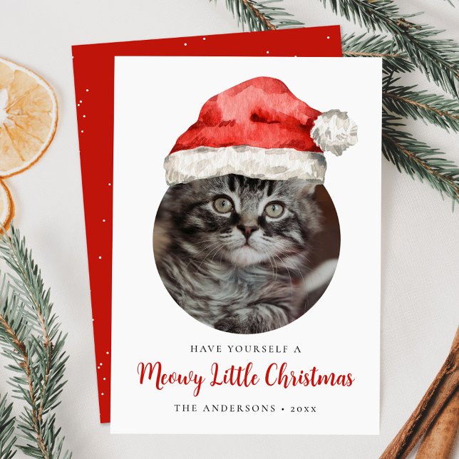 Meowy Little Christmas Santa Hat Cat Photo Holiday Card (Creator Uploaded)